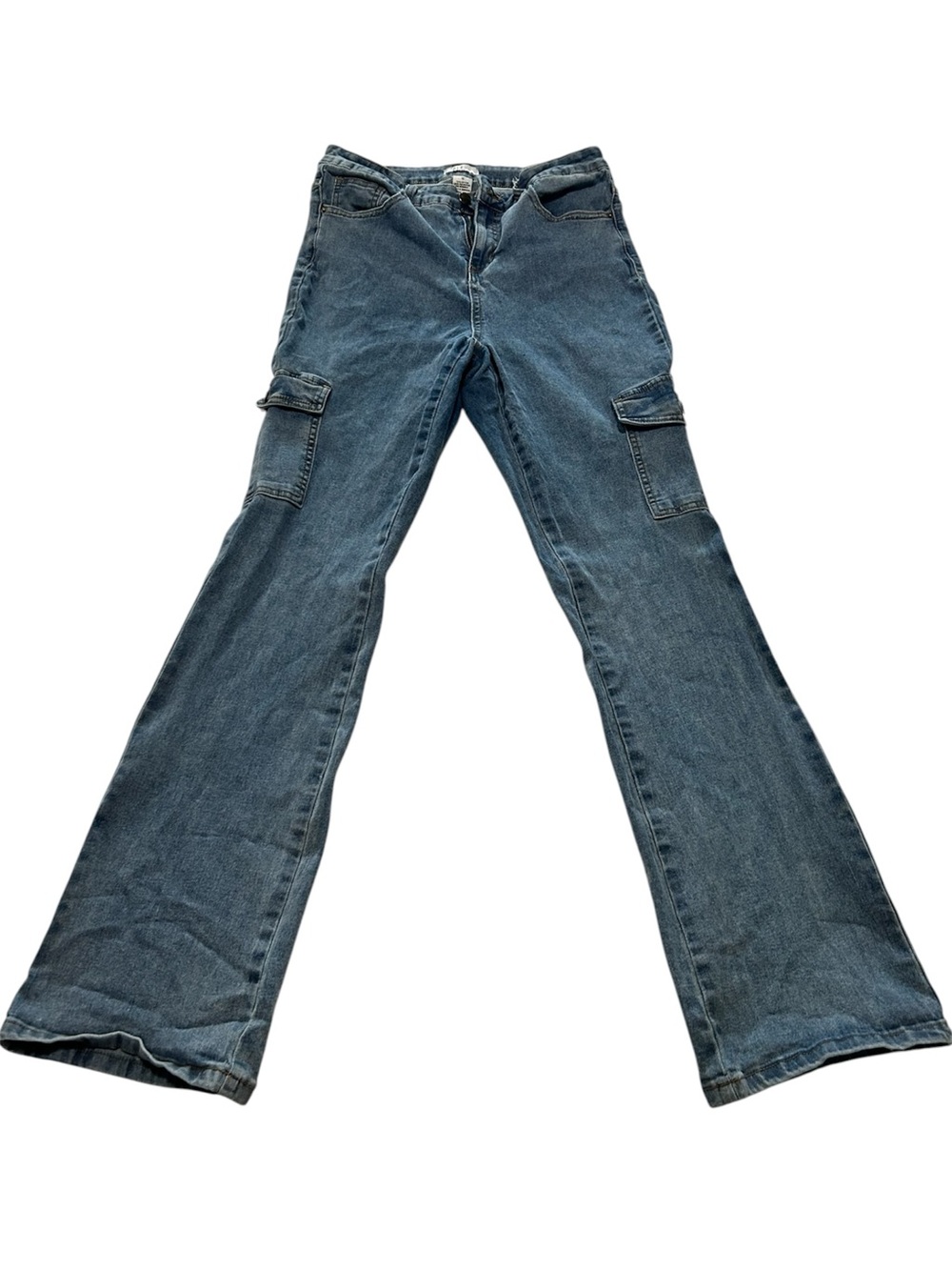 Wide Leg Flare Cargo Jeans in Classic Blue